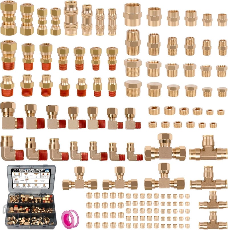 Ailbiuko 150Pcs Brass DOT Push-To-Connect Fittings & Compression Air Nylon Tubing Fittings Assortment Kits,1/4" 1/8" 3/8" 1/2" Air Brake Line Air Hose Fittings for Truck or Industrial Air System - Image 1